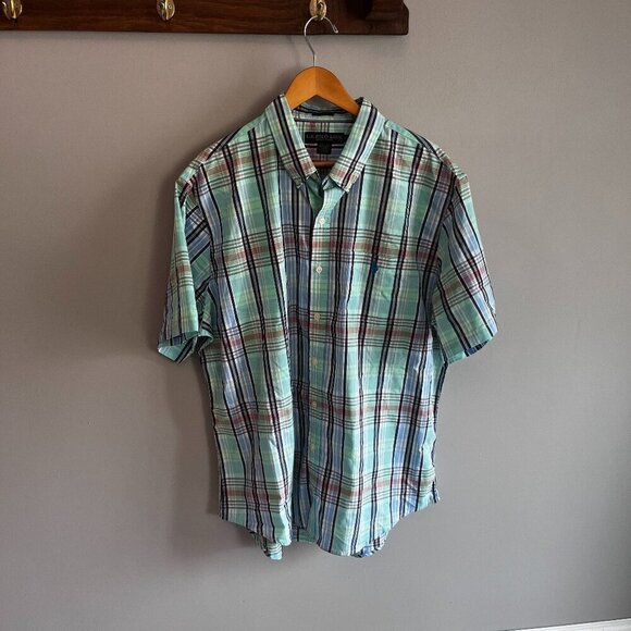 US Polo ASSN Button Down Casual Shirt T-shirt Green Blue Plaid XXL Stretch - Picture 1 of 12